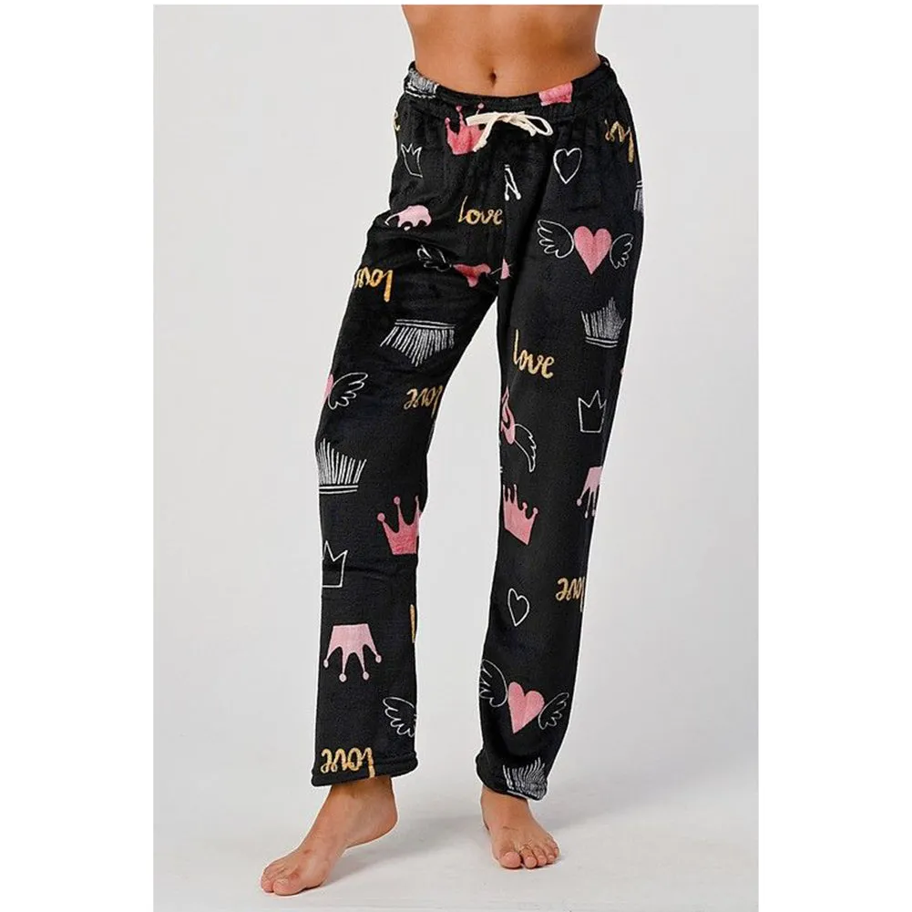 Womens Pajamas Pants Plush Fleece Printed Warm Brushed Soft Sleepwear Bottoms