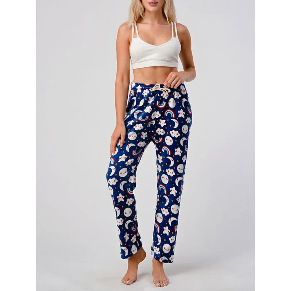 Womens Pajamas Pants Plush Fleece Printed Warm Brushed Soft Sleepwear Bottoms