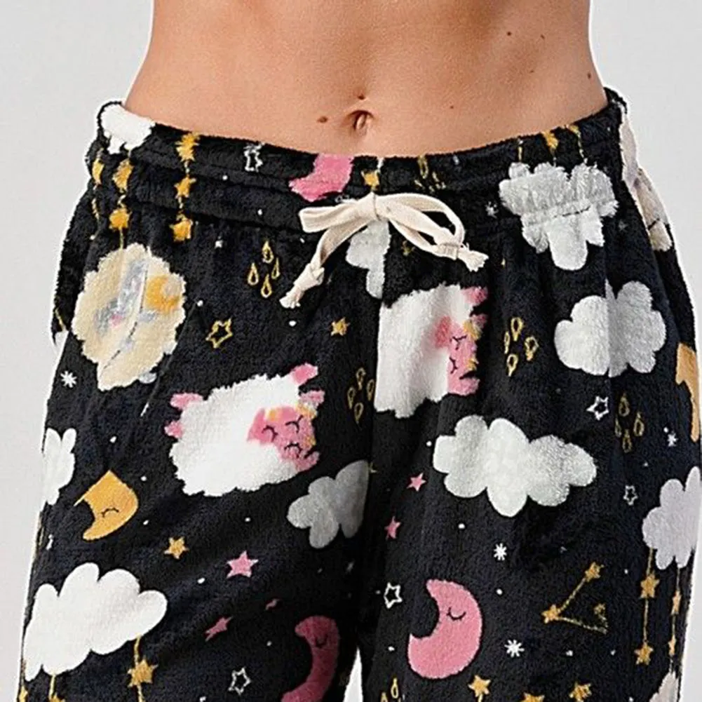 Womens Pajamas Pants Plush Fleece Printed Warm Brushed Soft Sleepwear Bottoms