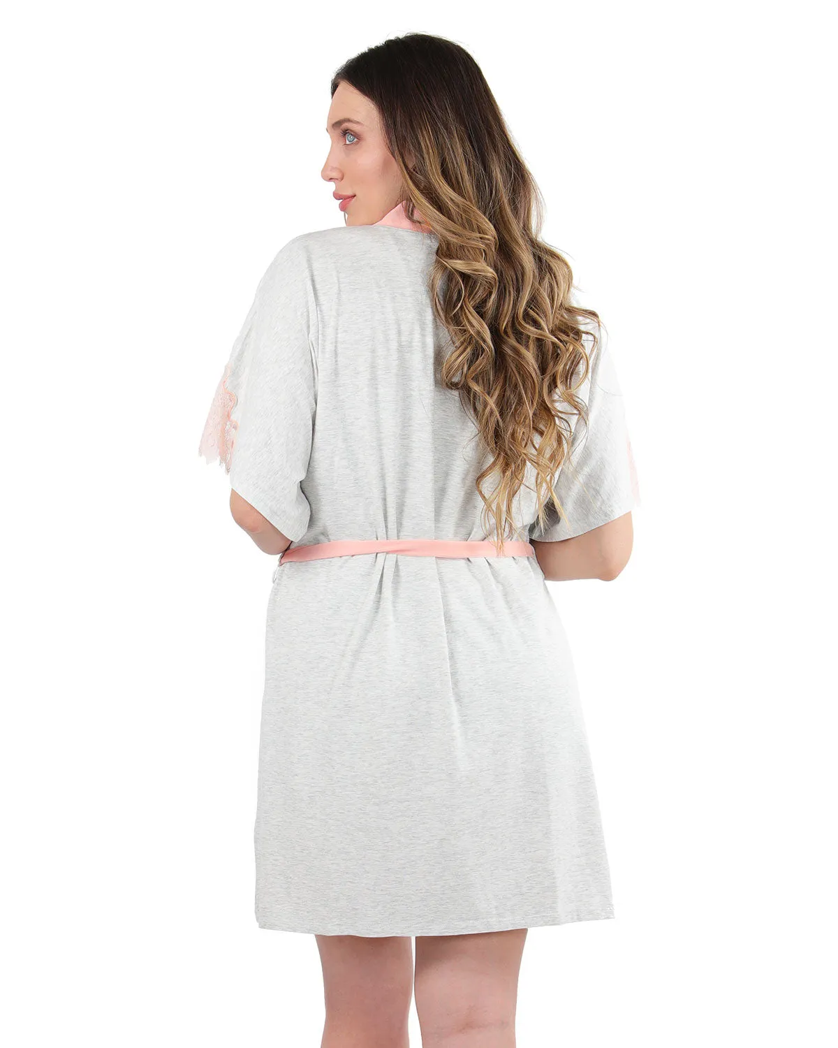 Women's Peach Pink Lace Trim Lightweight Cotton Blend Robe