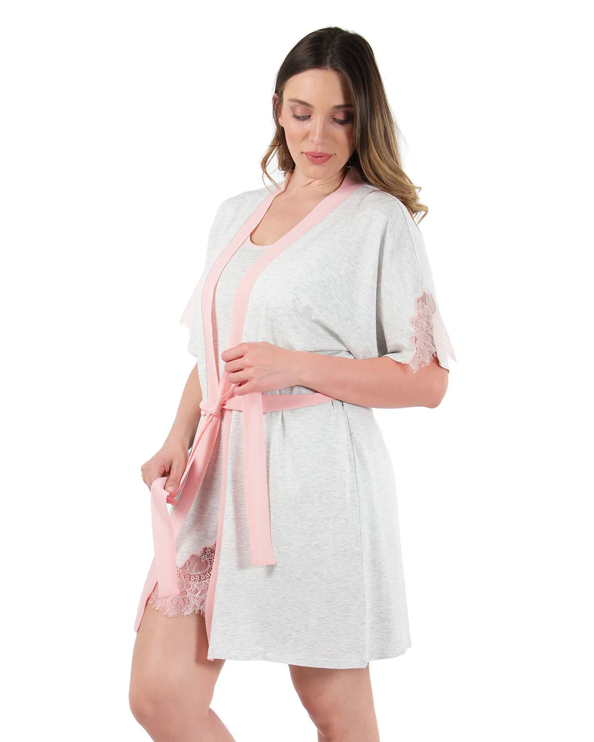 Women's Peach Pink Lace Trim Lightweight Cotton Blend Robe