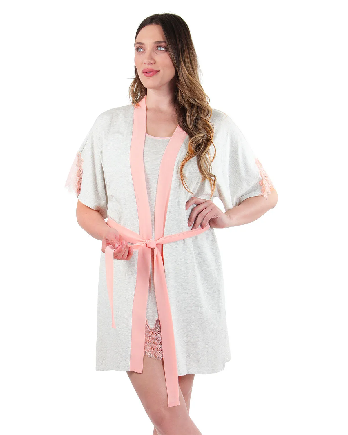 Women's Peach Pink Lace Trim Lightweight Cotton Blend Robe