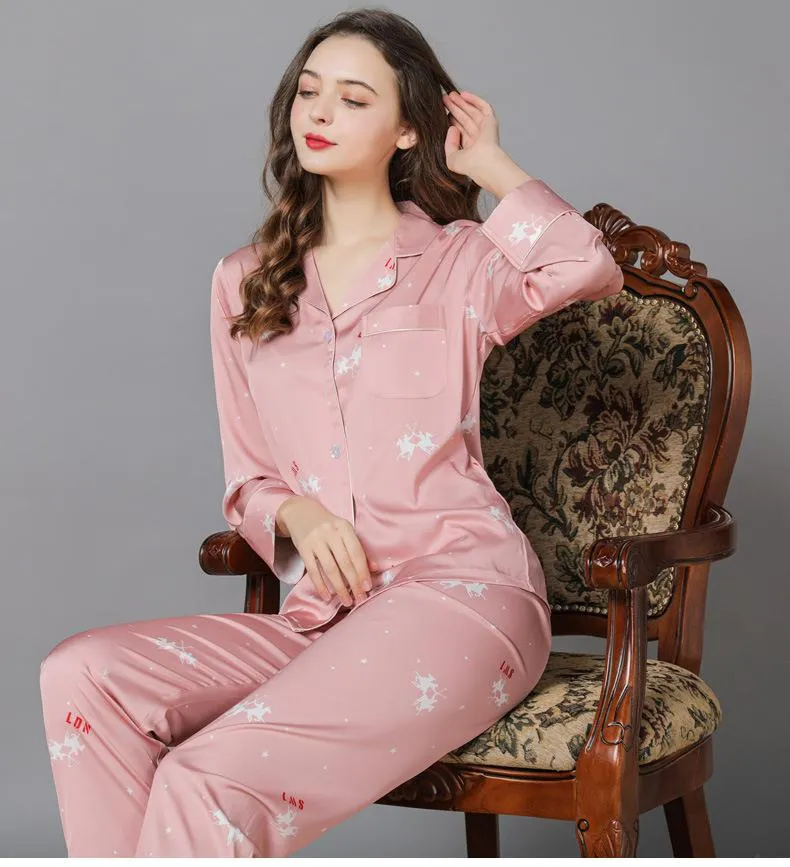Women's Pink Print Long Satin Pajamas Set
