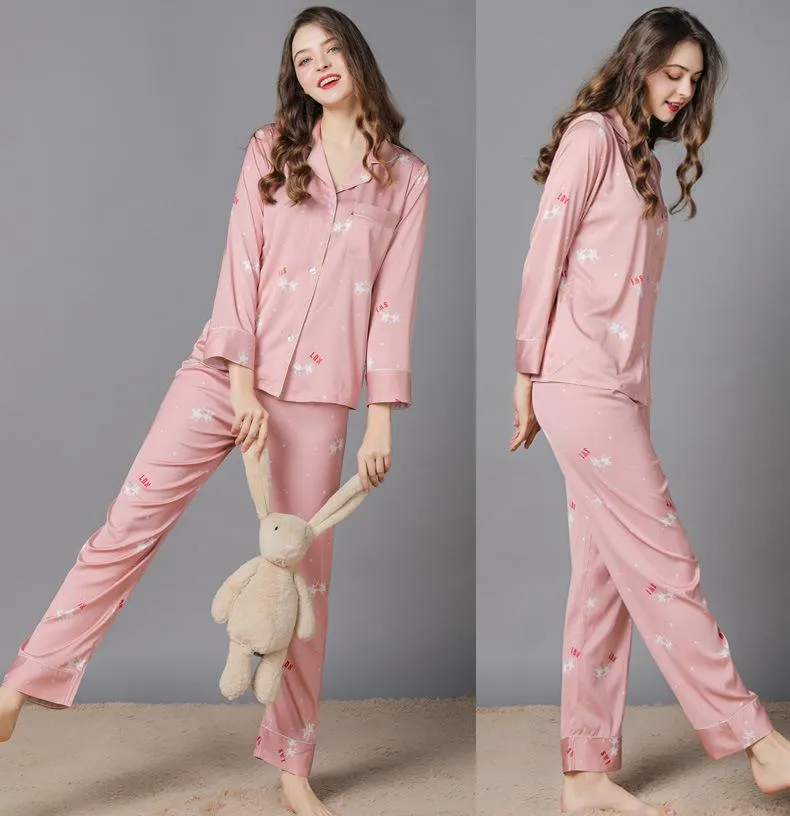Women's Pink Print Long Satin Pajamas Set