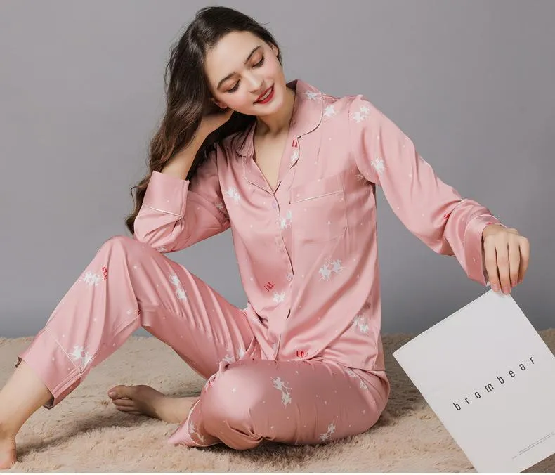 Women's Pink Print Long Satin Pajamas Set