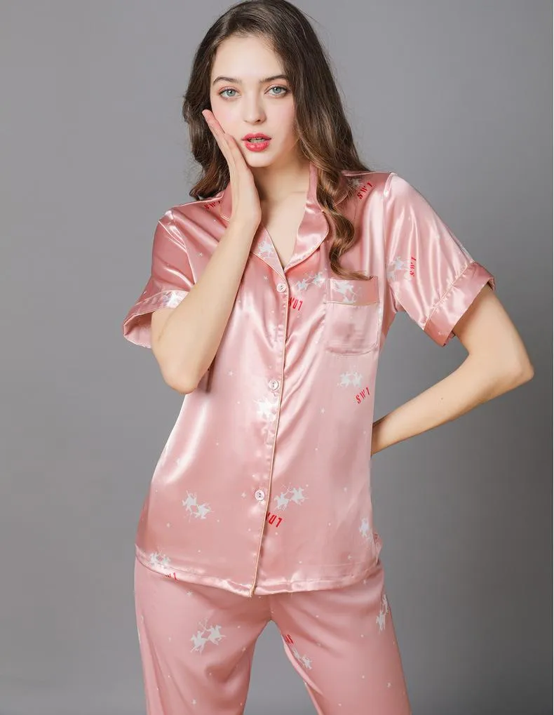 Women's Pink Print Long Satin Pajamas Set