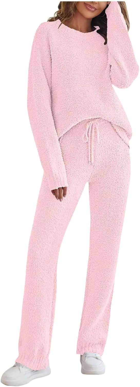 Womens Polar Fleece Pajama Set Plus Size Loungewear 2 Piece Outfit Crewneck Long Sleeve Pullover and Pants Soft Pjs