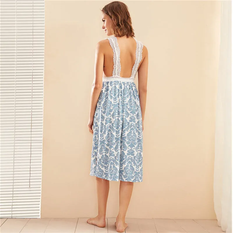 Women's Polyester Deep V-Neck Nightgown With Print