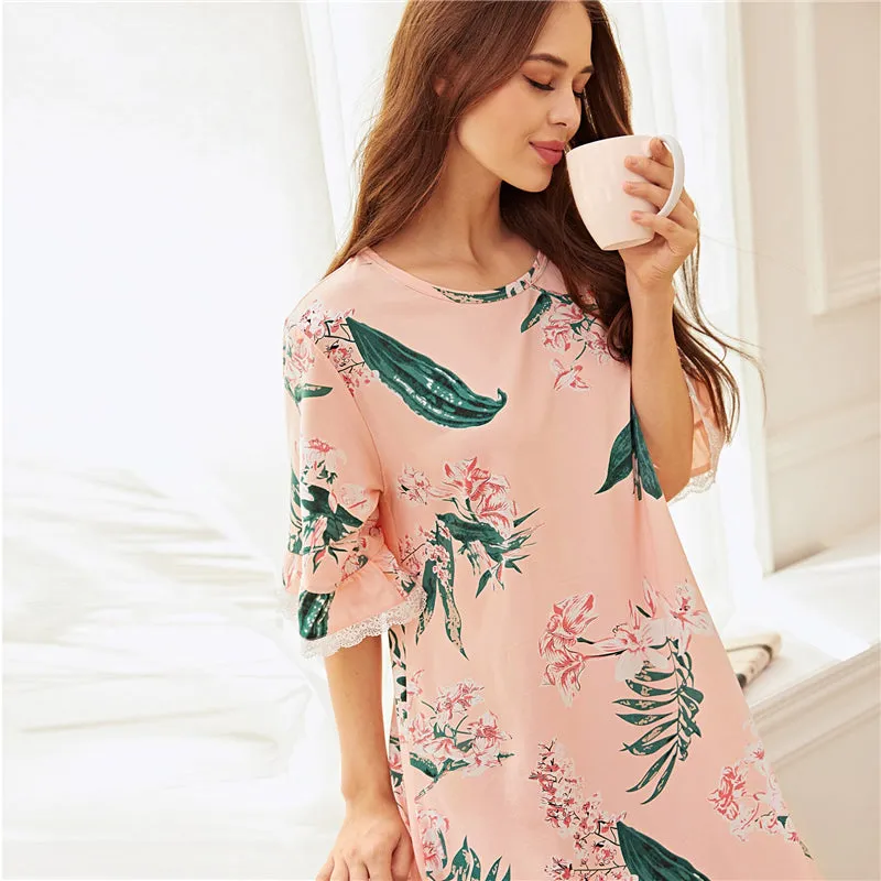 Women's Polyester O-Neck Sleepwear With Floral Print