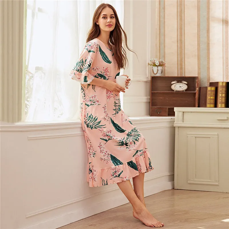 Women's Polyester O-Neck Sleepwear With Floral Print