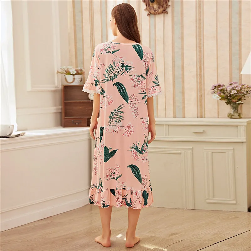 Women's Polyester O-Neck Sleepwear With Floral Print