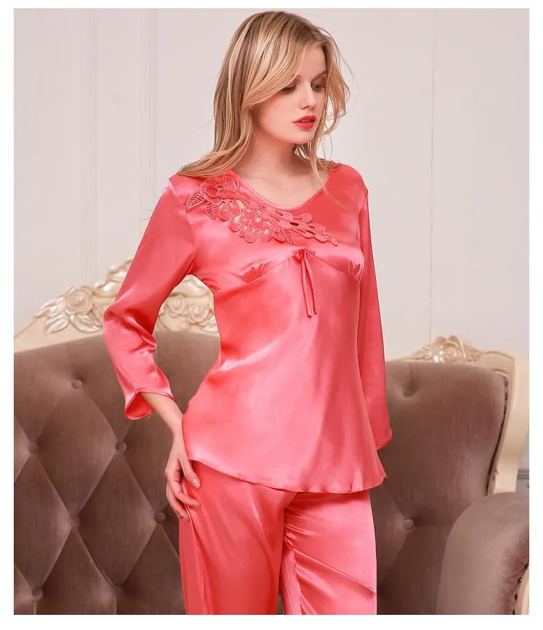 Women's Satin Pajama Set Long Silky Pajamas