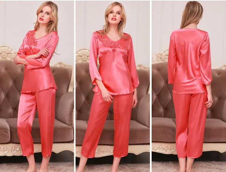Women's Satin Pajama Set Long Silky Pajamas