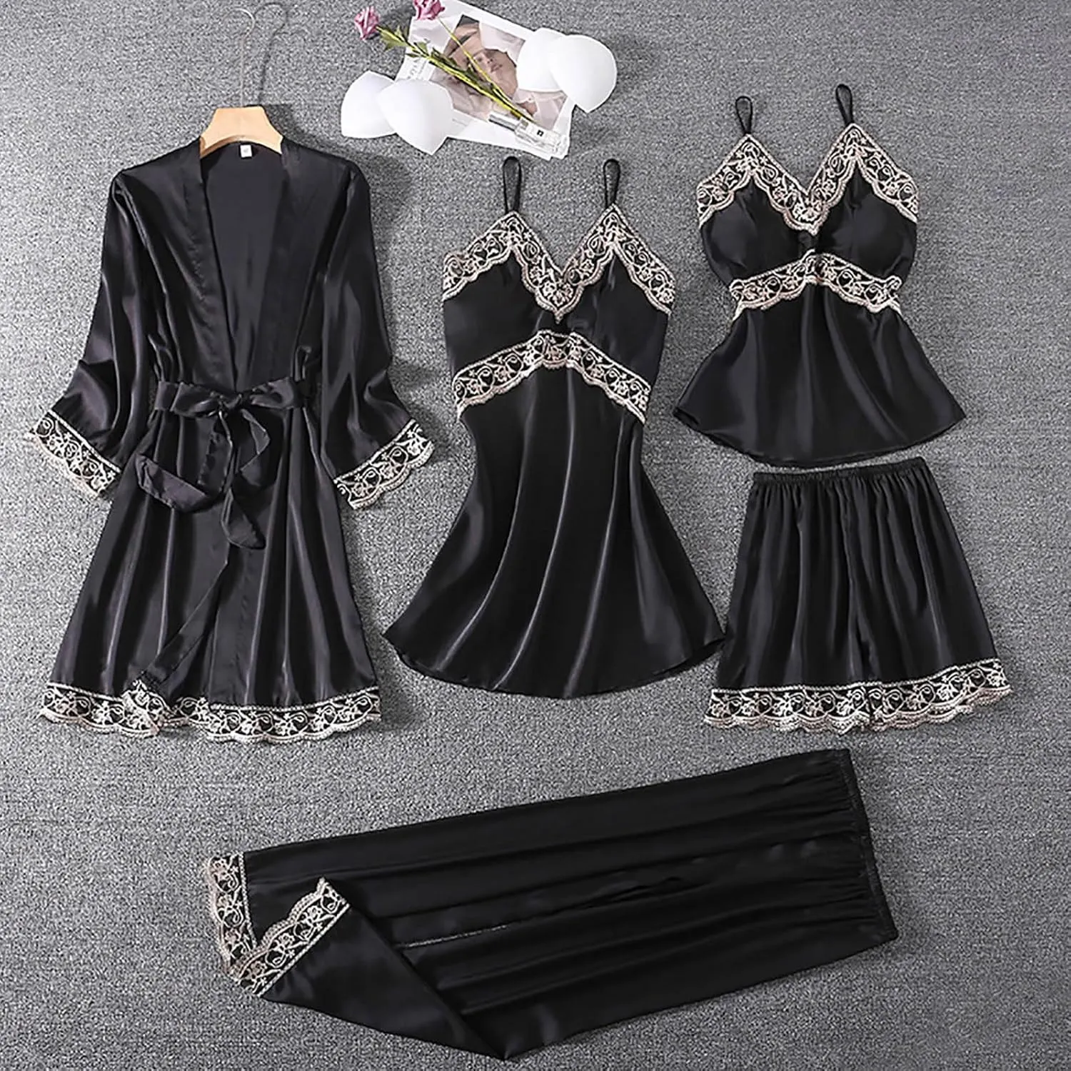 Womens Satin Pajamas 5 Piece Pjs Soft Sleepwear Lace Trim Nightgown Camisole Pants Shorts & Robe Set Nightwear