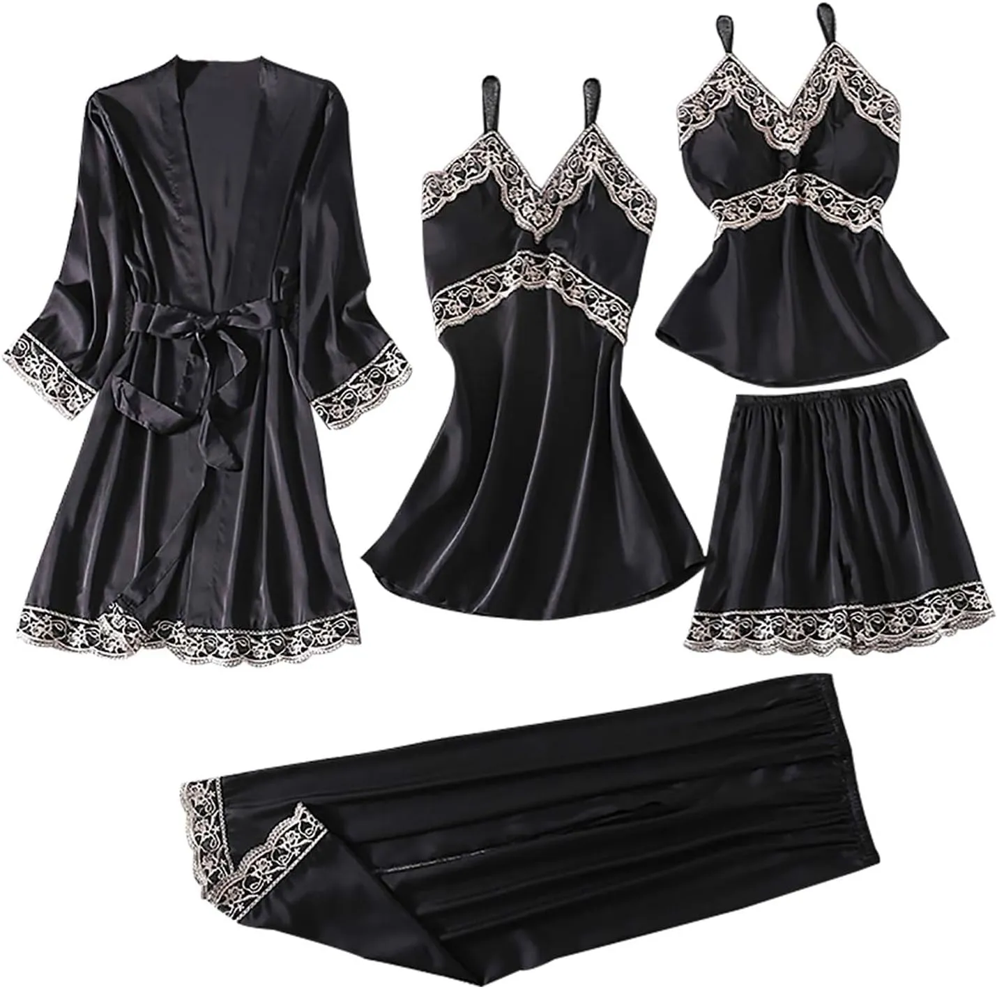 Womens Satin Pajamas 5 Piece Pjs Soft Sleepwear Lace Trim Nightgown Camisole Pants Shorts & Robe Set Nightwear