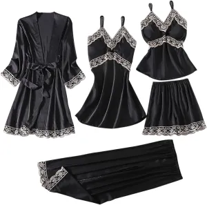 Womens Satin Pajamas 5 Piece Pjs Soft Sleepwear Lace Trim Nightgown Camisole Pants Shorts & Robe Set Nightwear