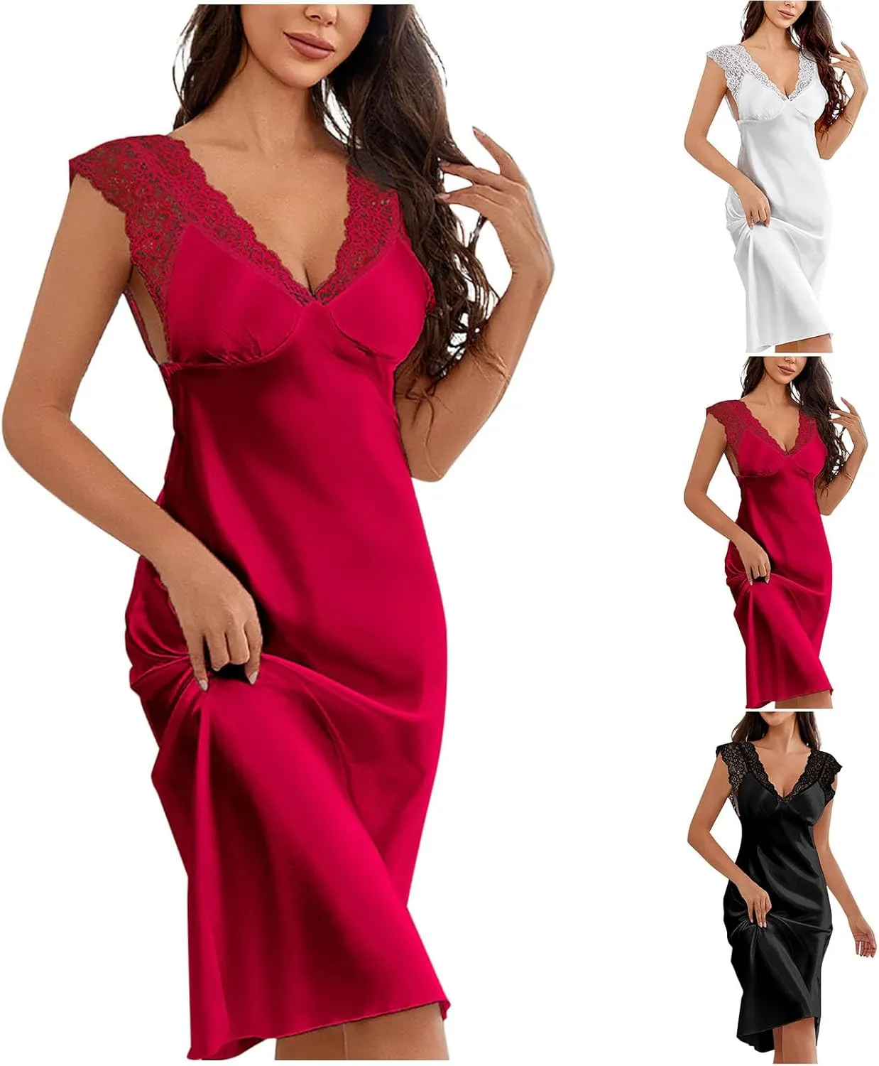 Women's Satin Silk Nightgown Sexy Lace Patchwork V Neck Nightie Sleeveless Summer Loose Comfy Nightshirt Sleepwear