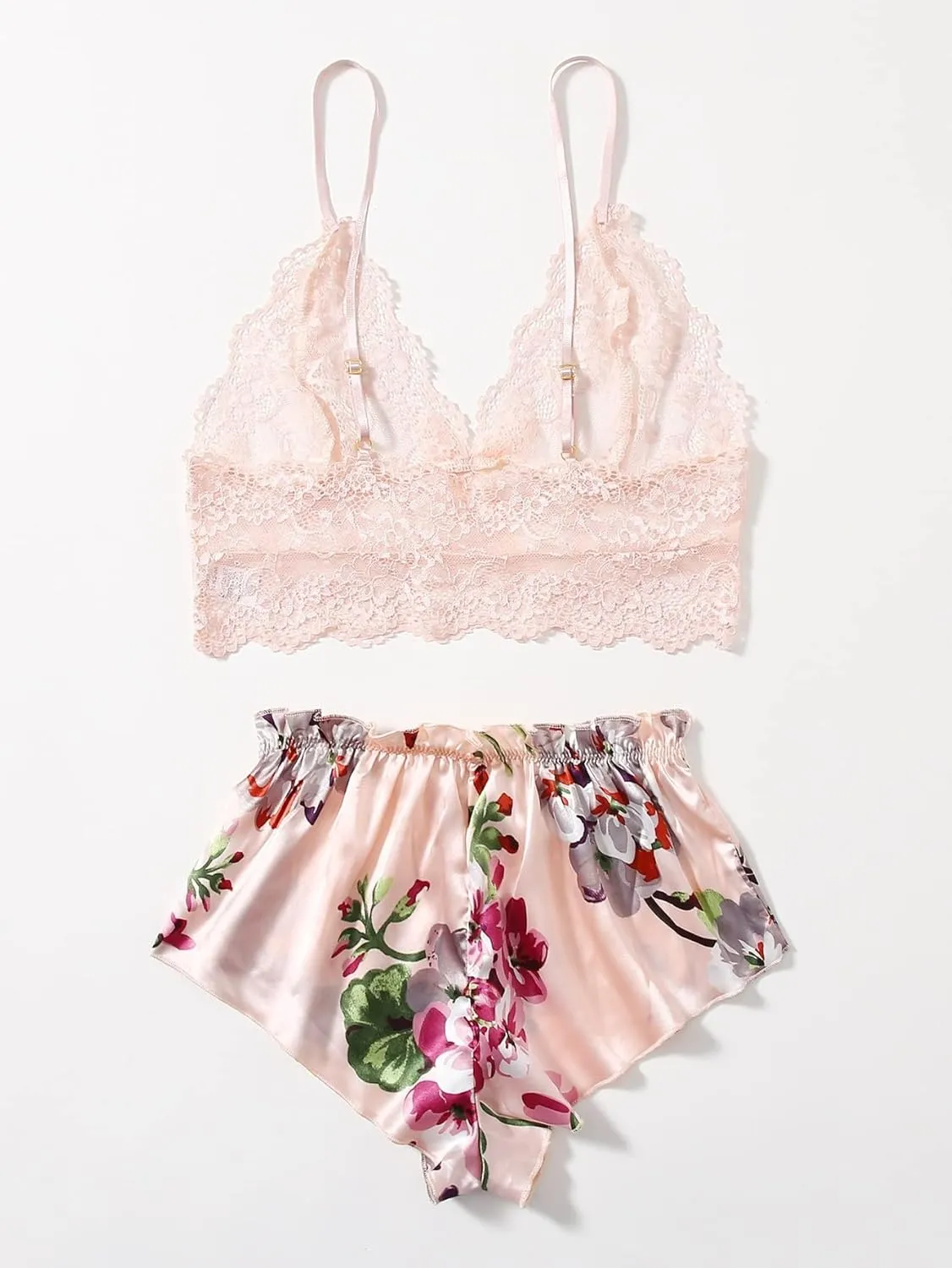 Women's Sexy Lingerie Floral Lace Bralette with Floral Shorts for Home Honeymoon
