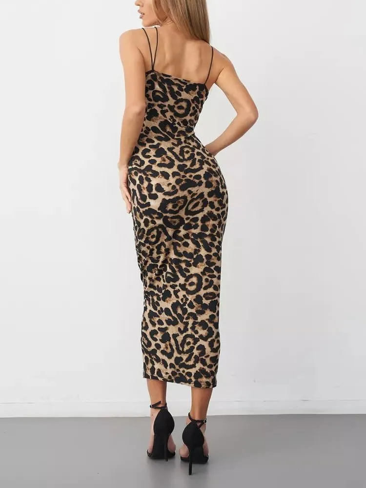 Women's Sexy Spaghetti Strap Dress Ladies Deep V-Neck Sleeveless Leopard Bodycon Midi Club Dress Party Dress