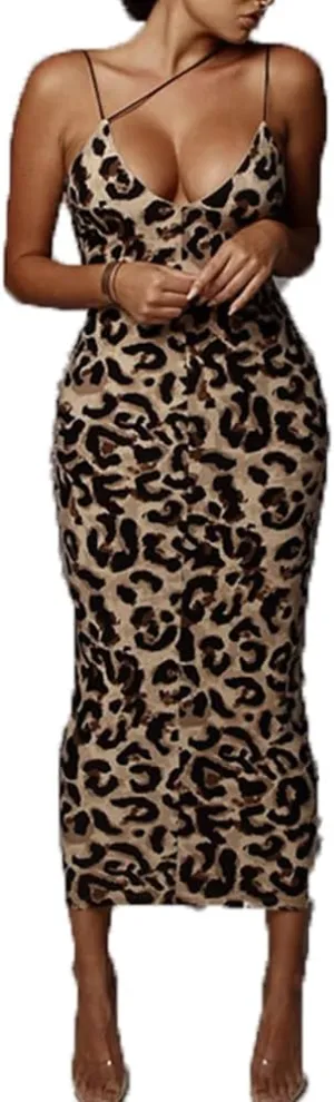 Women's Sexy Spaghetti Strap Dress Ladies Deep V-Neck Sleeveless Leopard Bodycon Midi Club Dress Party Dress