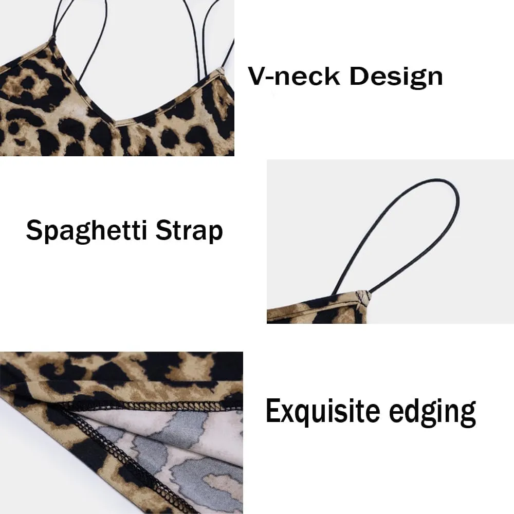 Women's Sexy Spaghetti Strap Dress Ladies Deep V-Neck Sleeveless Leopard Bodycon Midi Club Dress Party Dress