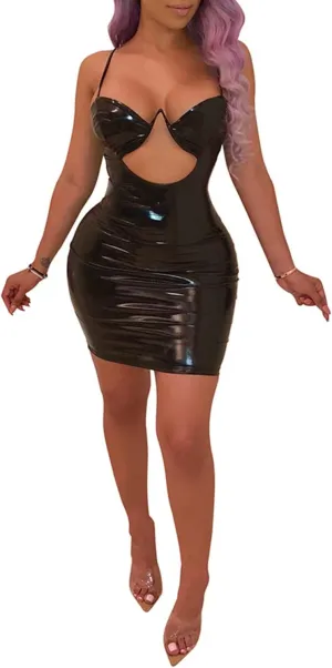 Womens Sexy Spaghetti Strap Wetlook Cutout Leather Bodycon Club Dress Shiny Backless Mini Party Dress