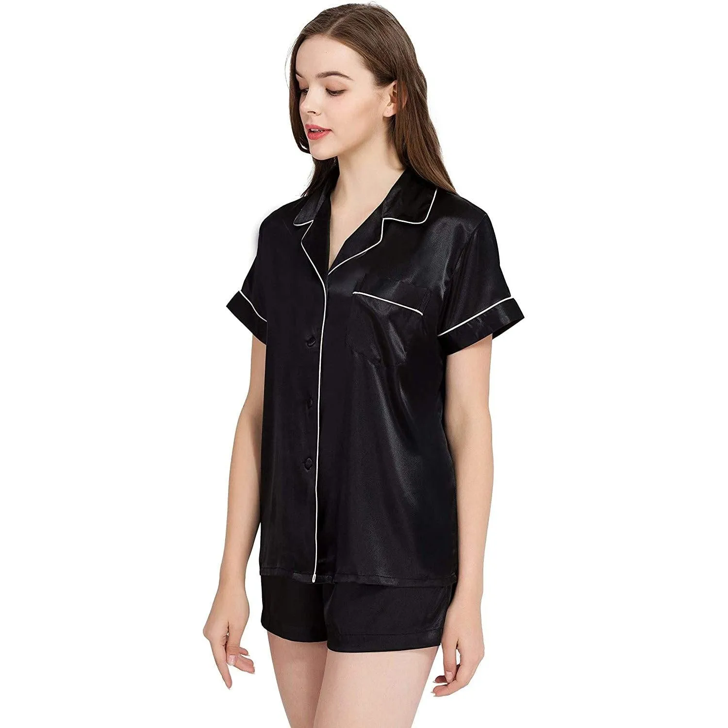 Women's Short Silk Pajamas Set Luxury 100% Silk Short Sleeve Two-piece Button-Down Pj Sets