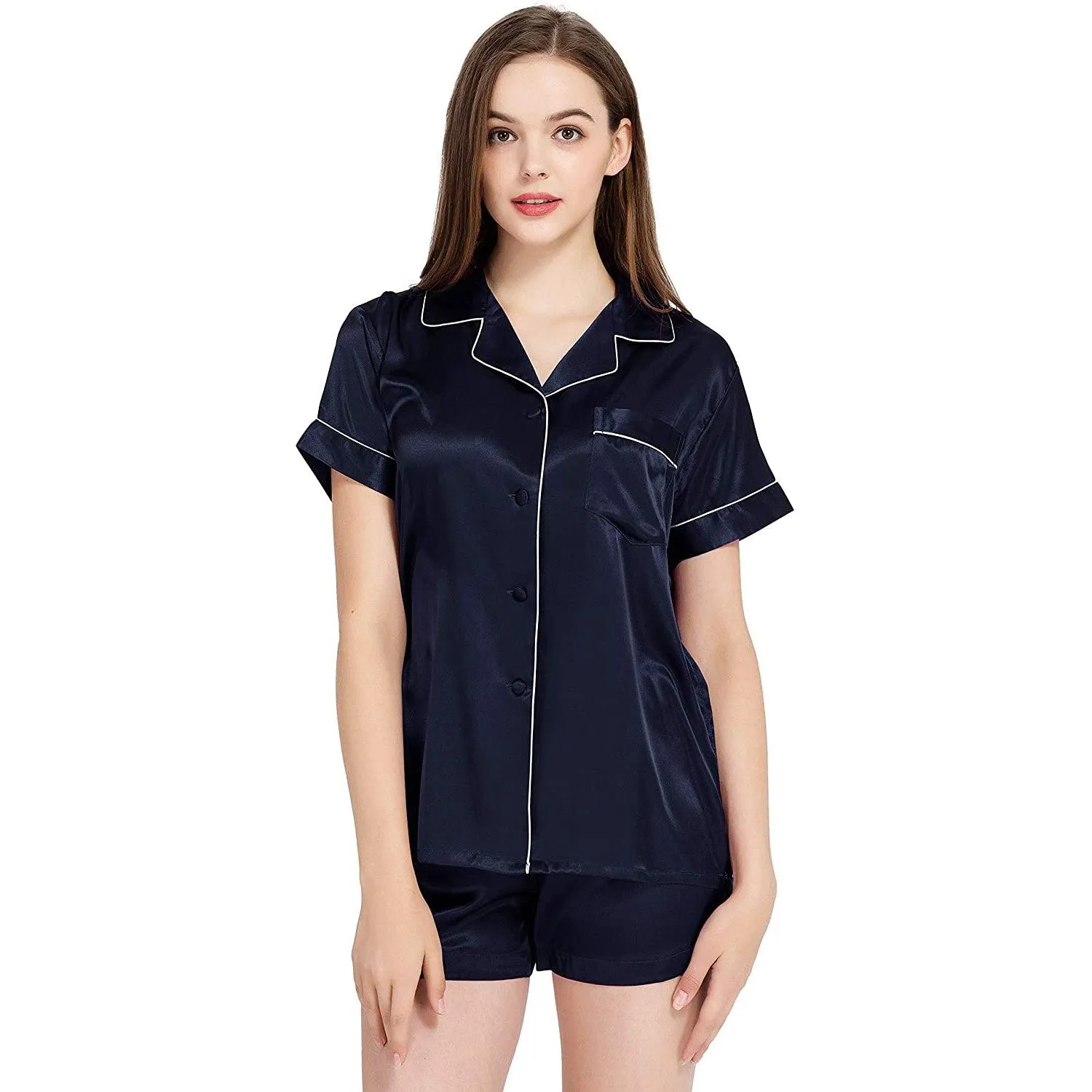 Women's Short Silk Pajamas Set Luxury 100% Silk Short Sleeve Two-piece Button-Down Pj Sets