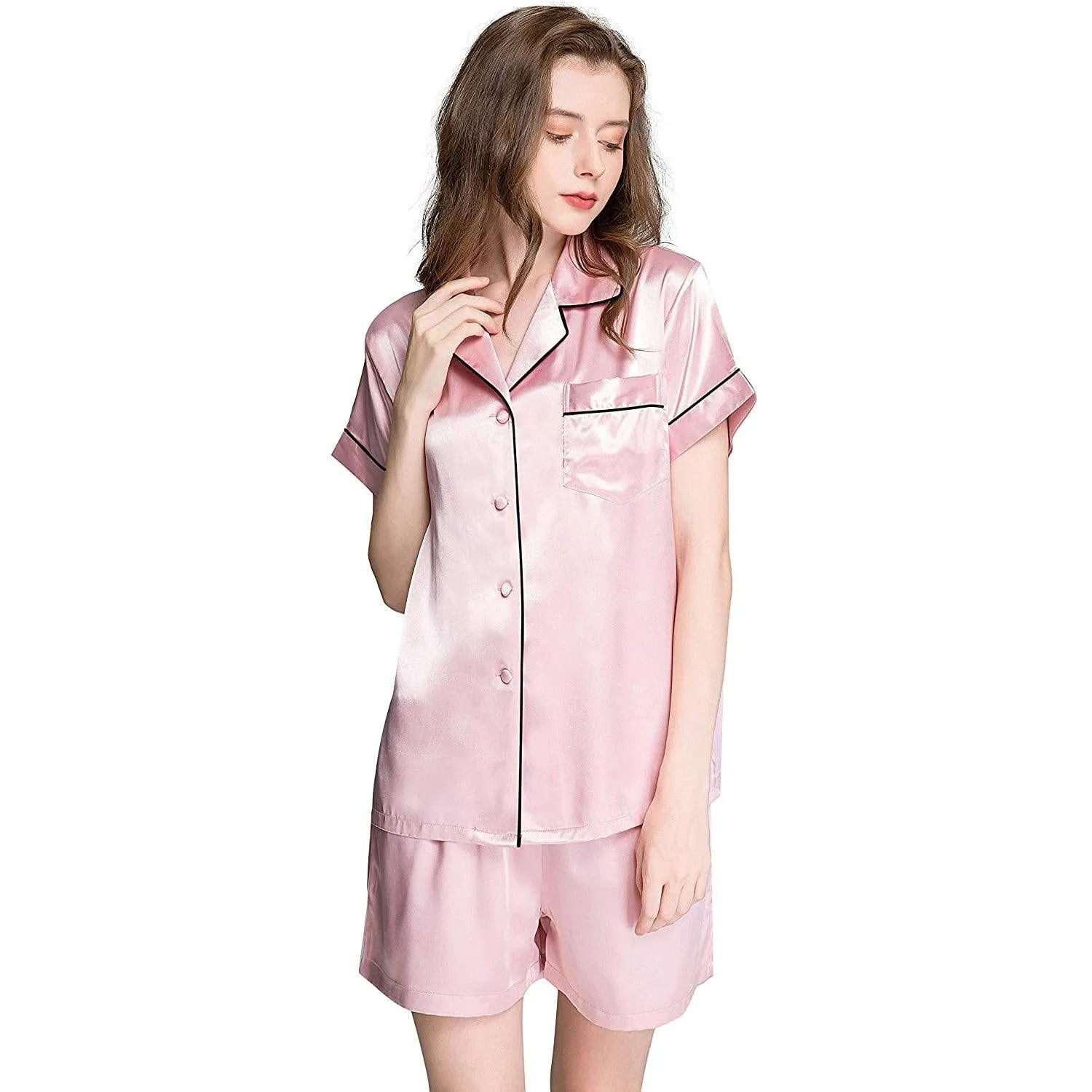 Women's Short Silk Pajamas Set Luxury 100% Silk Short Sleeve Two-piece Button-Down Pj Sets