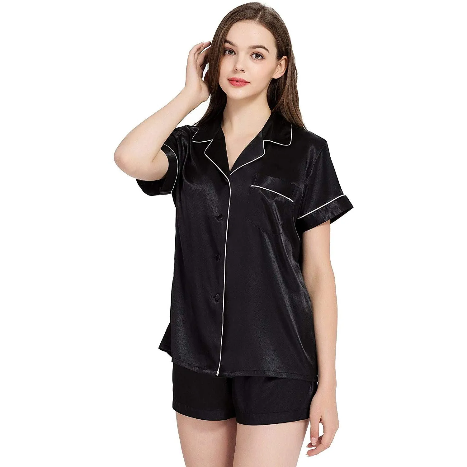 Women's Short Silk Pajamas Set Luxury 100% Silk Short Sleeve Two-piece Button-Down Pj Sets