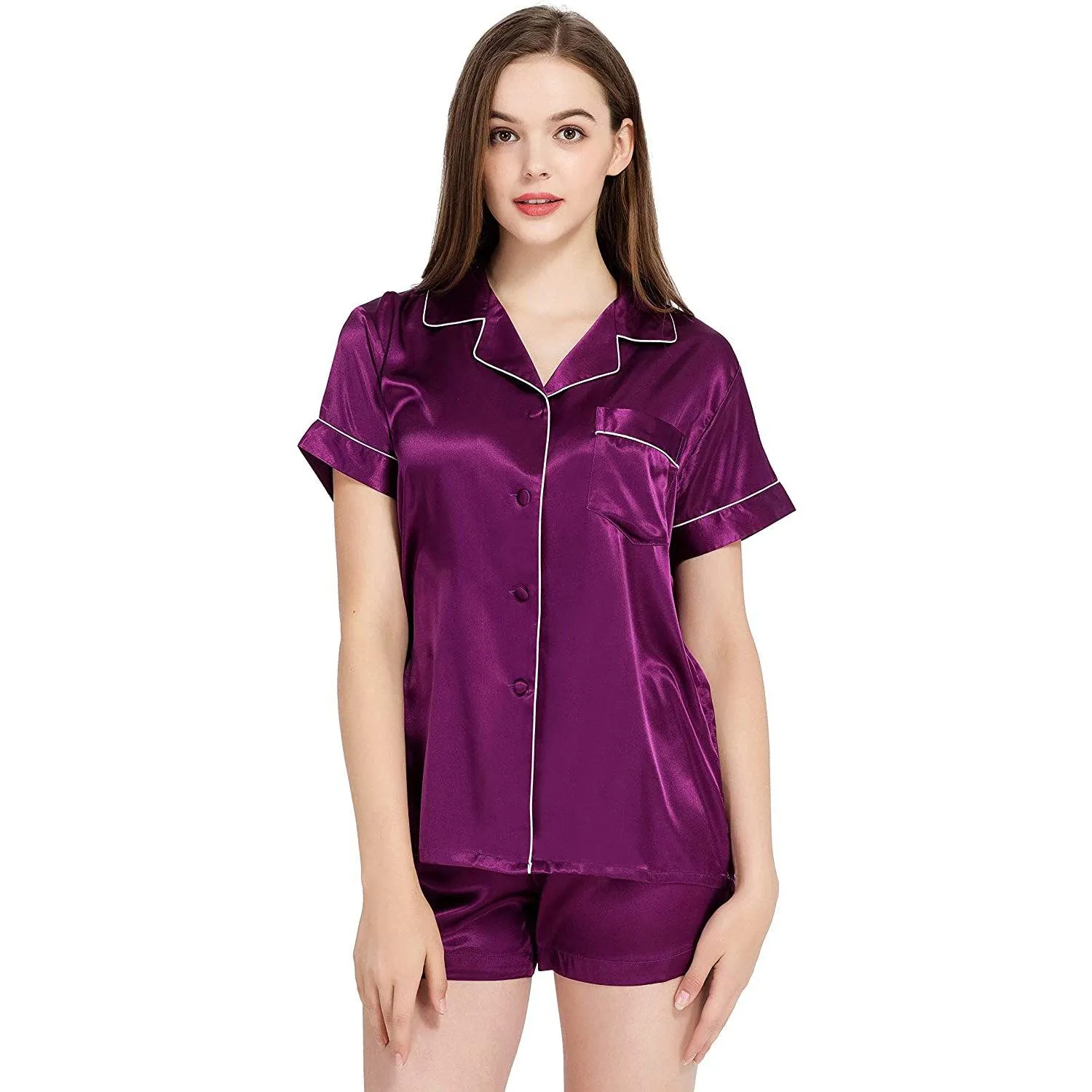 Women's Short Silk Pajamas Set Luxury 100% Silk Short Sleeve Two-piece Button-Down Pj Sets