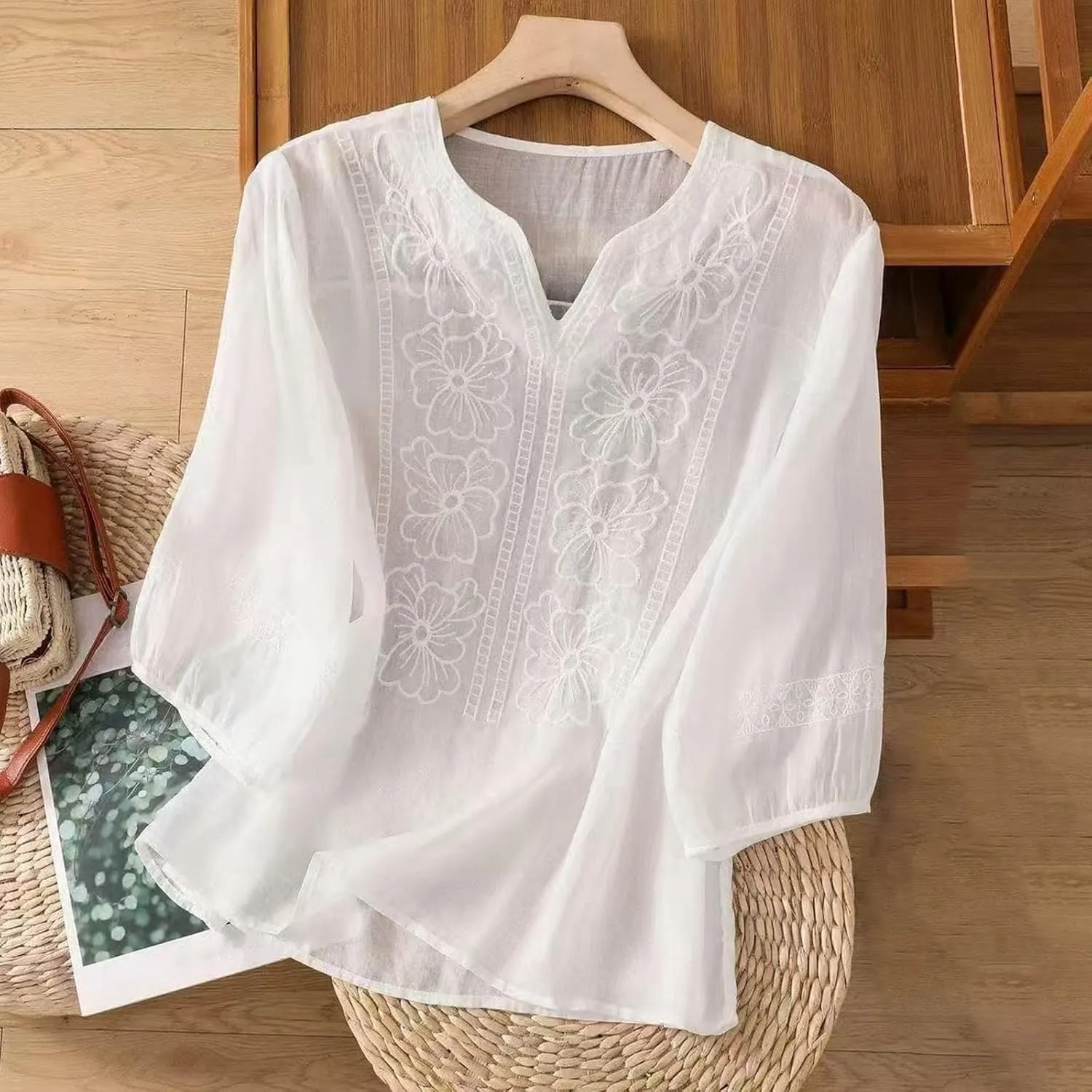 Womens Short Sleeve Cotton Linen Shirt Casual Crew Neck Comfy T-Shirts Button Up Loose Fit Summer Tee Shirts