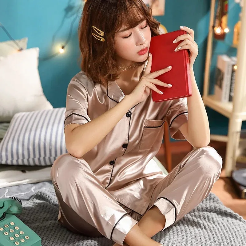 Women's Silk Satin Pajama Set Collar Short Sleeve Nightgown