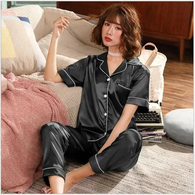Women's Silk Satin Pajama Set Collar Short Sleeve Nightgown