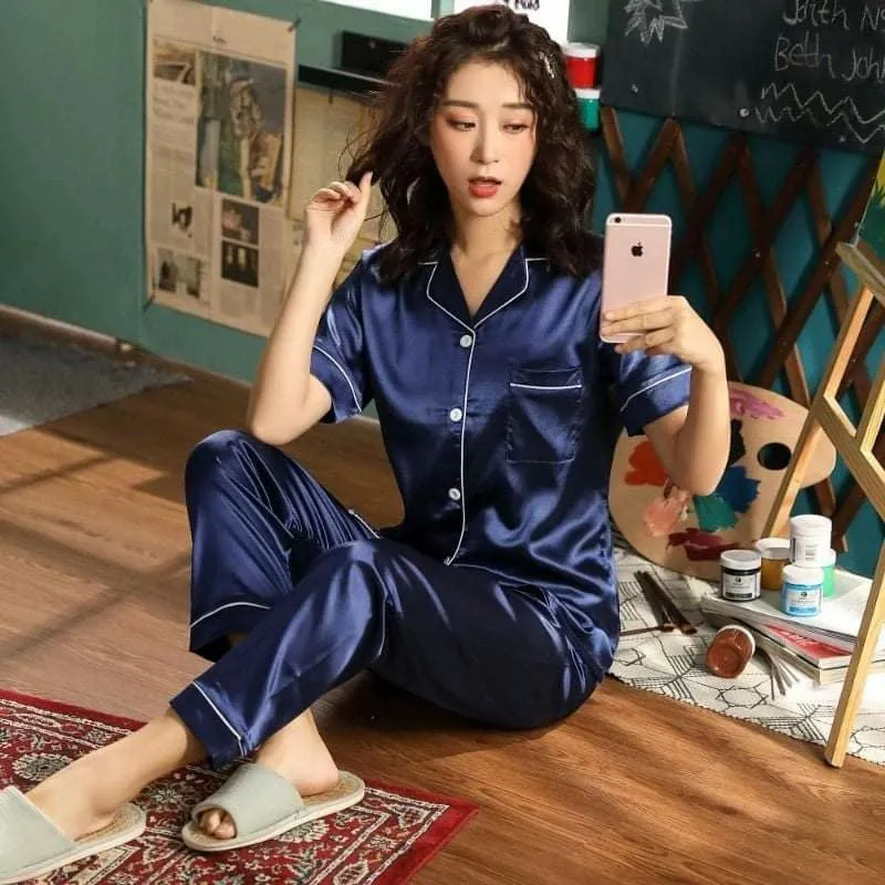 Women's Silk Satin Pajama Set Collar Short Sleeve Nightgown
