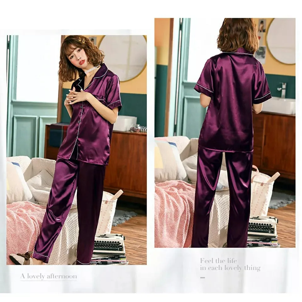 Women's Silk Satin Pajama Set Collar Short Sleeve Nightgown