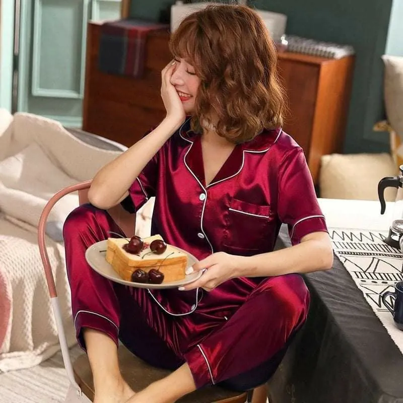 Women's Silk Satin Pajama Set Collar Short Sleeve Nightgown