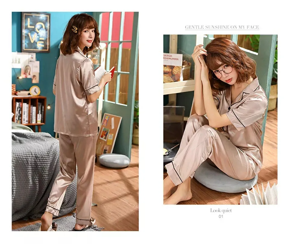 Women's Silk Satin Pajama Set Collar Short Sleeve Nightgown