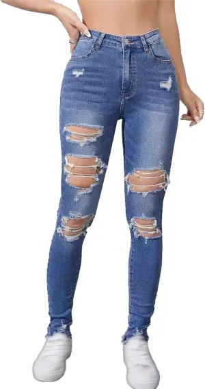 Women's Skinny Ripped Distressed Jeans Casual Comfort Stretch Denim Pants Destroyed Stretch Slim Fit Jeans