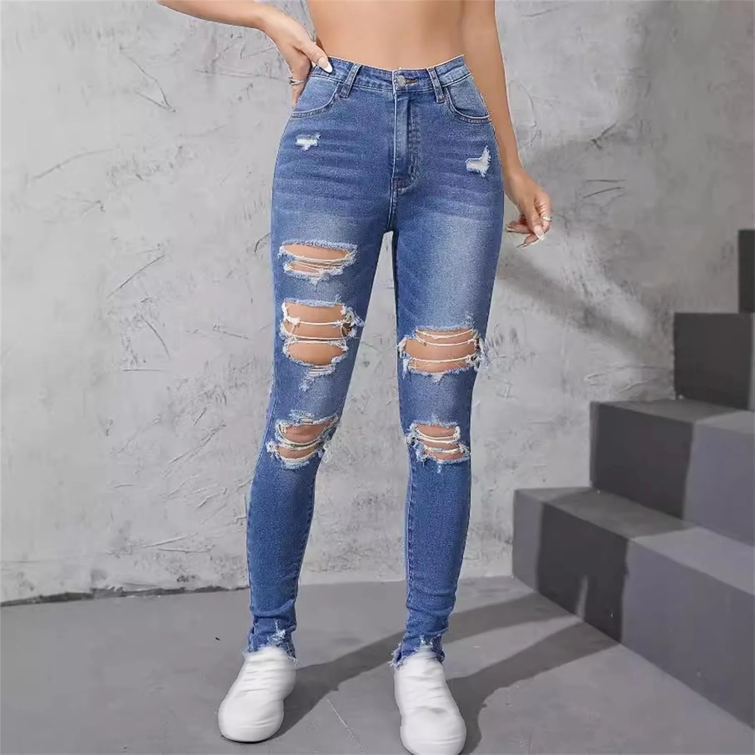 Women's Skinny Ripped Distressed Jeans Casual Comfort Stretch Denim Pants Destroyed Stretch Slim Fit Jeans