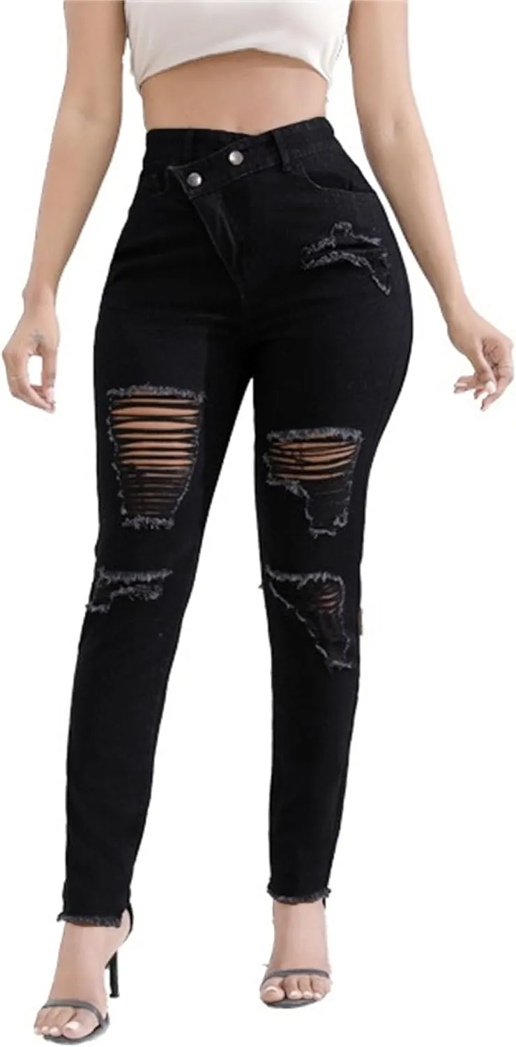 Women's Skinny Ripped Distressed Jeans Casual Comfort Stretch Denim Pants Destroyed Stretch Slim Fit Jeans