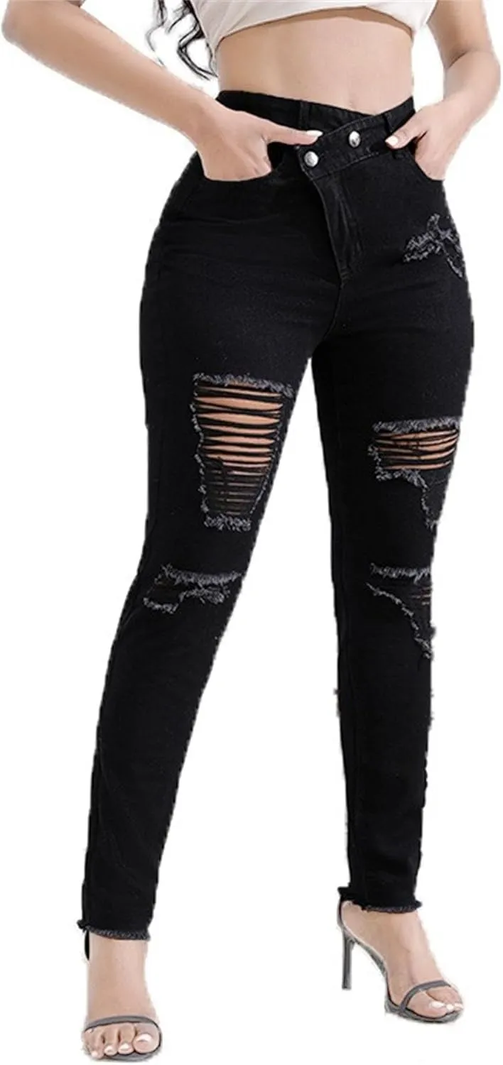 Women's Skinny Ripped Distressed Jeans Casual Comfort Stretch Denim Pants Destroyed Stretch Slim Fit Jeans