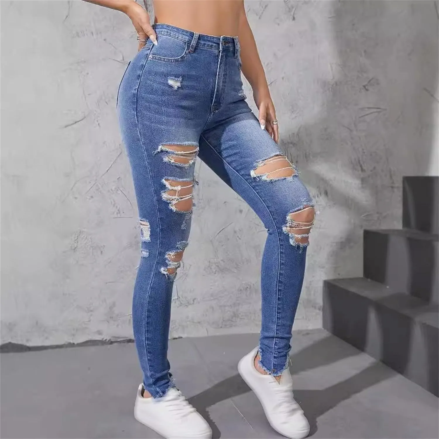 Women's Skinny Ripped Distressed Jeans Casual Comfort Stretch Denim Pants Destroyed Stretch Slim Fit Jeans