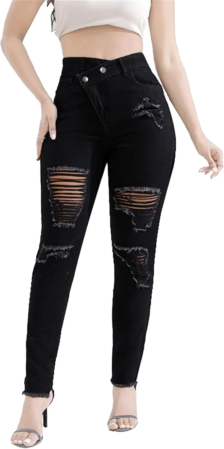 Women's Skinny Ripped Distressed Jeans Casual Comfort Stretch Denim Pants Destroyed Stretch Slim Fit Jeans