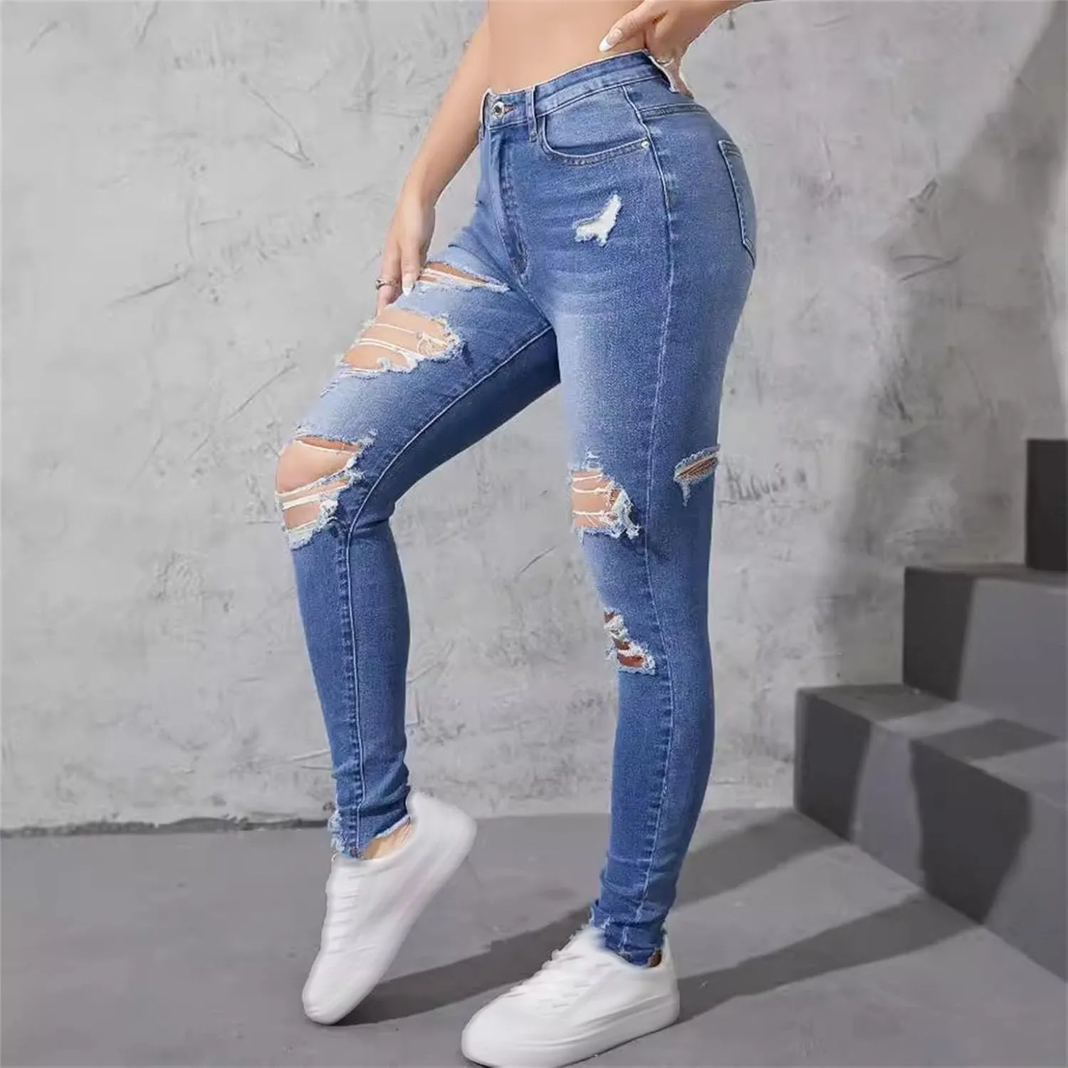 Women's Skinny Ripped Distressed Jeans Casual Comfort Stretch Denim Pants Destroyed Stretch Slim Fit Jeans
