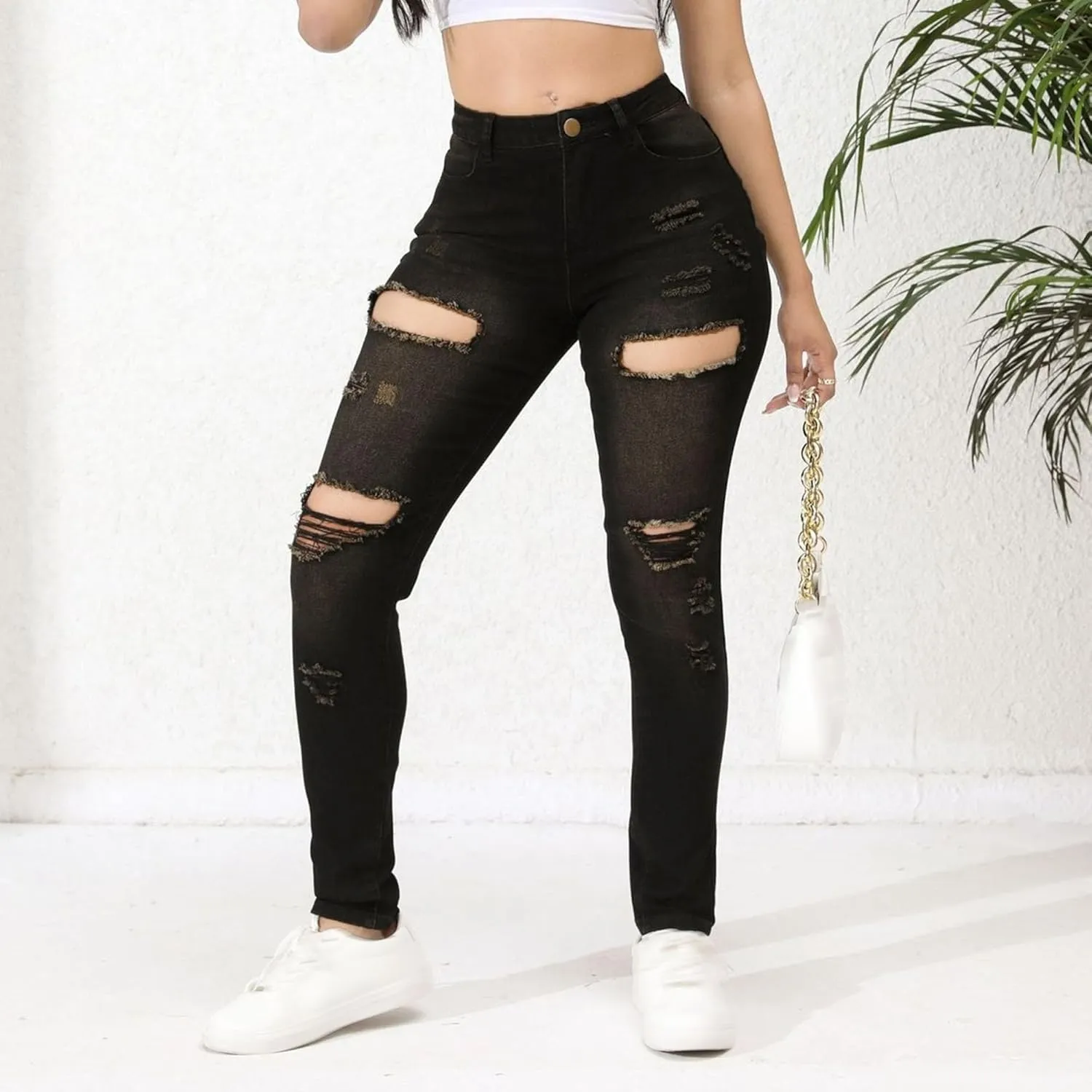 Women's Skinny Ripped Distressed Jeans Casual Comfort Stretch Denim Pants Destroyed Stretch Slim Fit Jeans