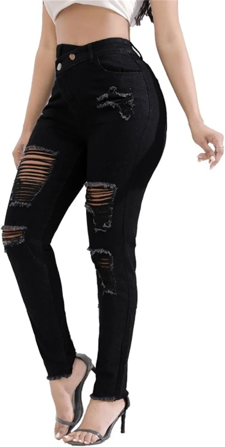 Women's Skinny Ripped Distressed Jeans Casual Comfort Stretch Denim Pants Destroyed Stretch Slim Fit Jeans