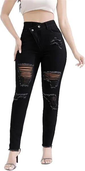 Women's Skinny Ripped Distressed Jeans Casual Comfort Stretch Denim Pants Destroyed Stretch Slim Fit Jeans