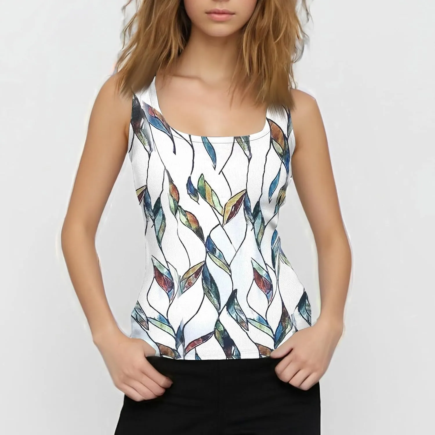 Womens Slim Fit Ribbed Spaghetti Strap Tank Top;Scoop Neck Camisole Lightweight Solid Basic Shirts