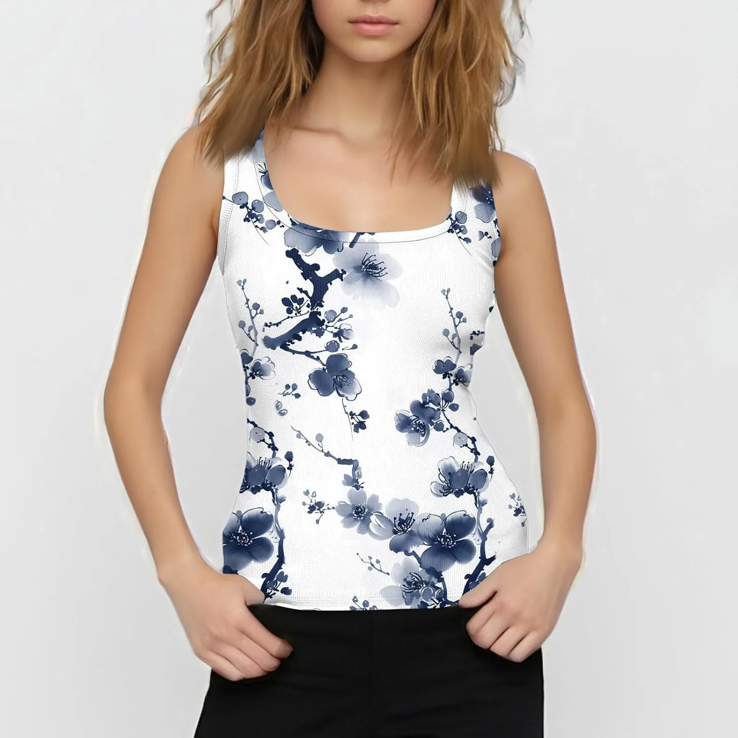Womens Slim Fit Ribbed Spaghetti Strap Tank Top;Scoop Neck Camisole Lightweight Solid Basic Shirts